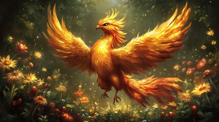 Golden Phoenix Soaring Above Luminous Flowers