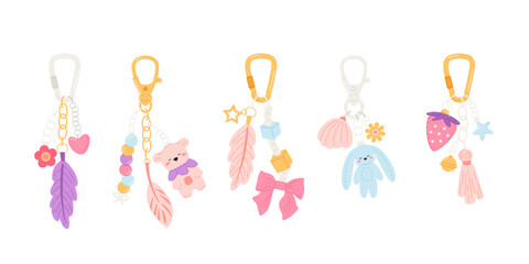 Cute charm and trinkets. Bag keychain with pendants. Vector isolated illustration. Childish bibelots. Custom youth accessory. Holder with toys and items.