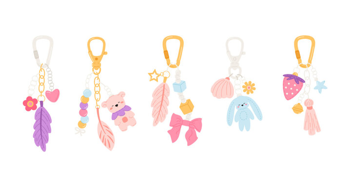 Cute charm and trinkets. Bag keychain with pendants. Vector isolated illustration. Childish bibelots. Custom youth accessory. Holder with toys and items.