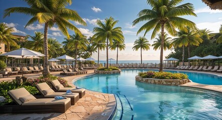 Obraz premium Tropical Resort Pool with Loungers and Palm Trees