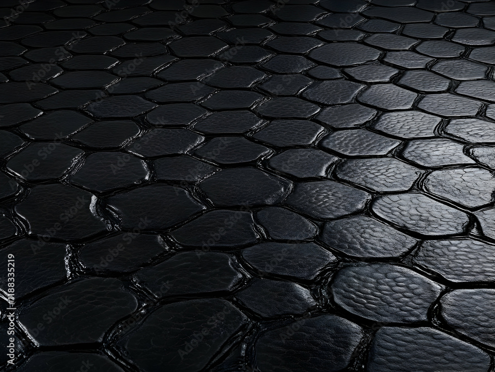 Aufkleber shiny black hexagonal tiles form a textured and geometric surface under soft lighting