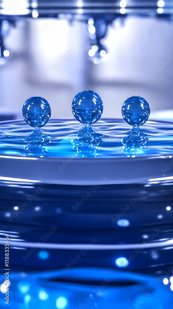 Poster three blue water droplets hover over a reflective surface with bokeh background