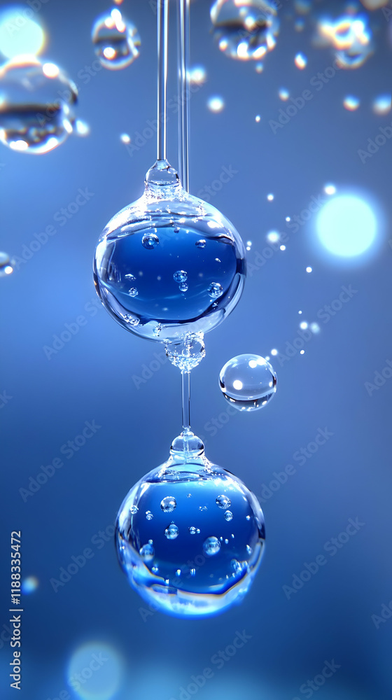 Poster close-up of water droplets connecting and forming bubbles on a blue background with smaller bubbles.