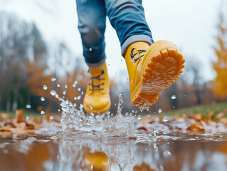 Child's feet splashing through a puddle in yellow boots on a rainy day. The action shot captures movement and playfulness, evoking joy and nostalgia.