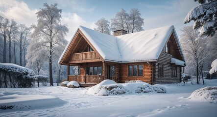 Winter Cabin with Snow Blanketing the Roof and Trees
