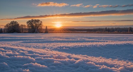Winter Sunset Over Snowy Fields with Long Shadows