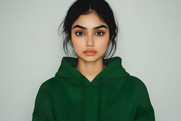 Fototapeta premium Young Woman Wears a Green Hoodie and Looks Directly at the Camera in a Studio Portrait