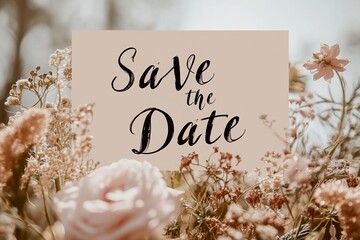 Save the date card amidst flowers.