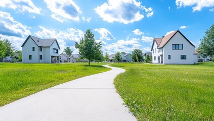 Obraz premium Winding Concrete Pathway Leading to Two Single-Family Homes in an Open Field with Trees and Grass