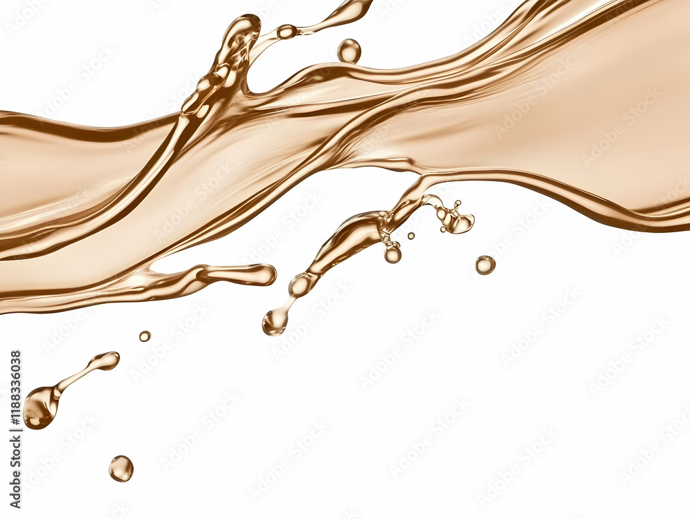 Poster golden liquid splash flows dynamically with droplets on a white background