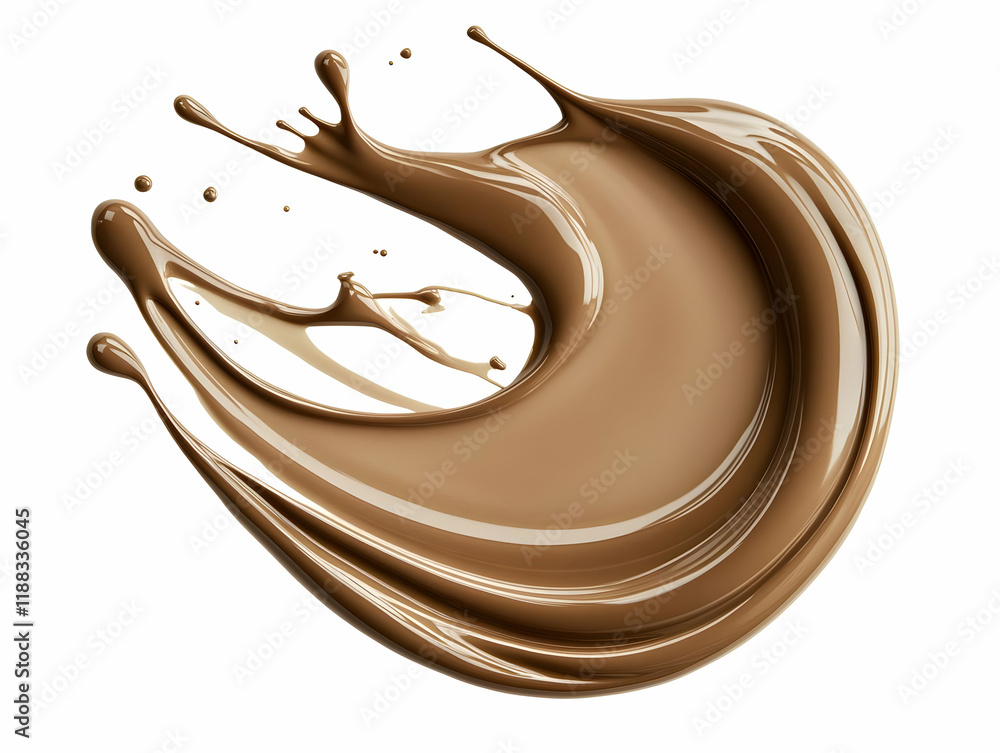 Poster liquid chocolate splash forms a dynamic swirl with glossy texture on white background