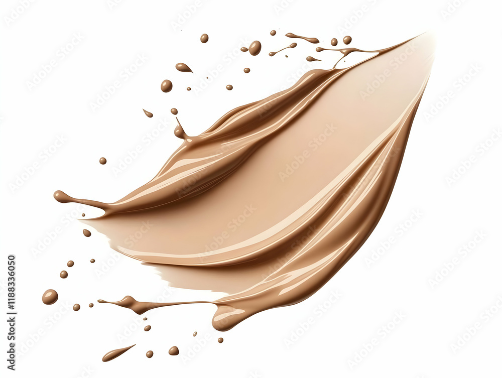 Poster liquid foundation splash with droplets dynamically spreads across a white background