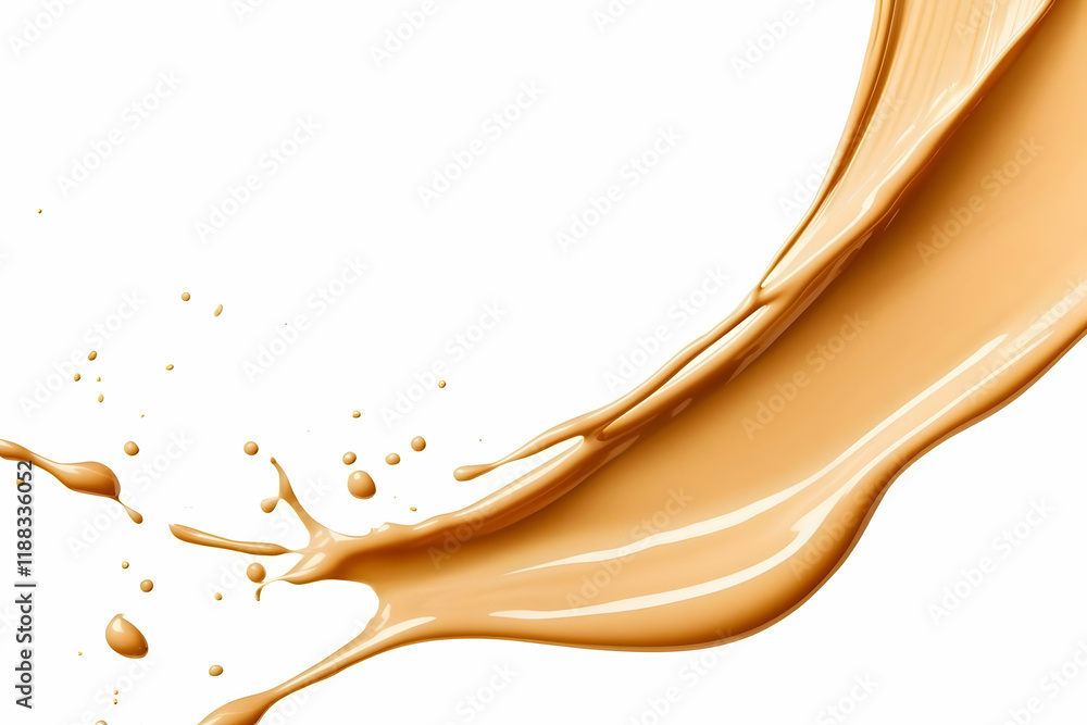 Poster beige liquid foundation splashing and dripping dynamically against a white backdrop