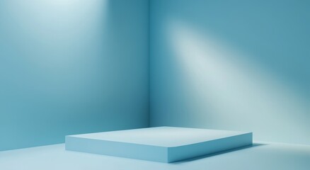 Minimalist blue room with a square platform, ideal for product display or presentation.