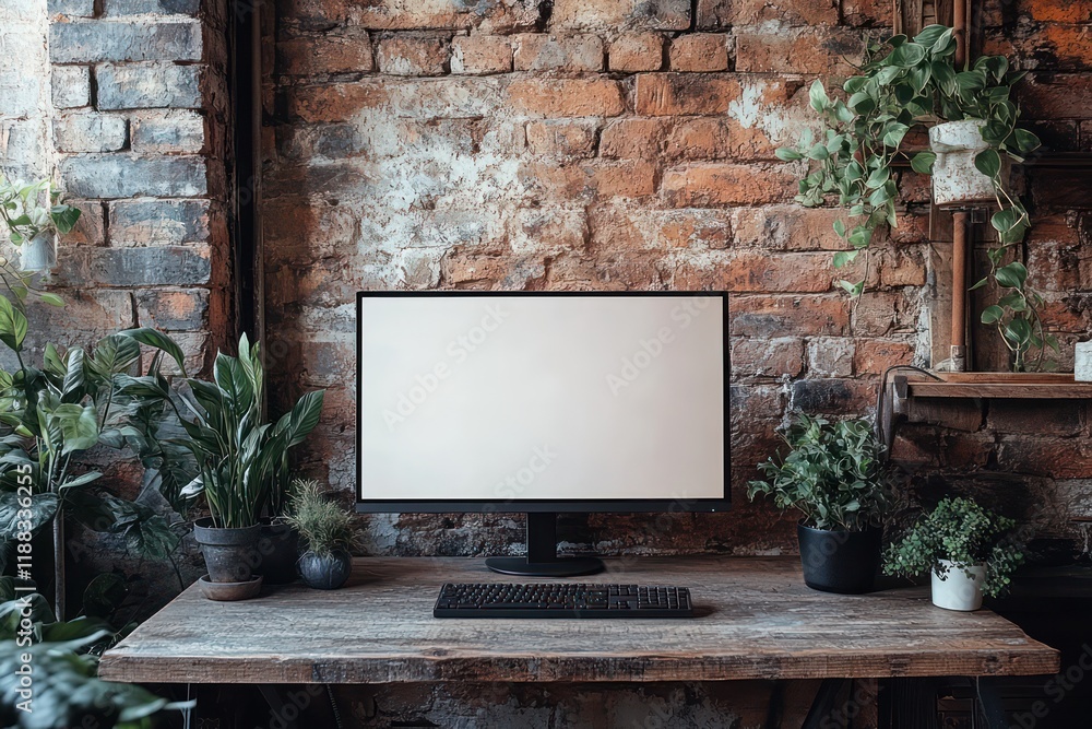 Poster modern rustic workspace with blank computer screen