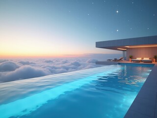 Fototapeta premium Relaxation in an ultra-modern infinity pool high above the clouds at sunset with a stunning view of the horizon