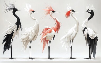 Fototapeta premium Five stylized cranes, black, white, and coral, in profile.