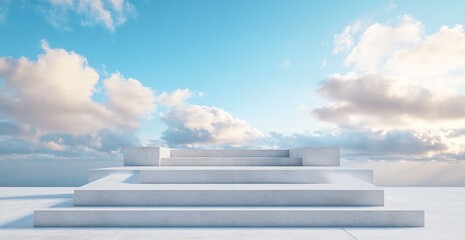 Abstract white tiered platform against a sky backdrop.