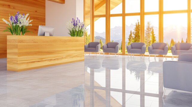 Modern office reception area with natural wood and scenic views, creating a welcoming and balanced work environment.