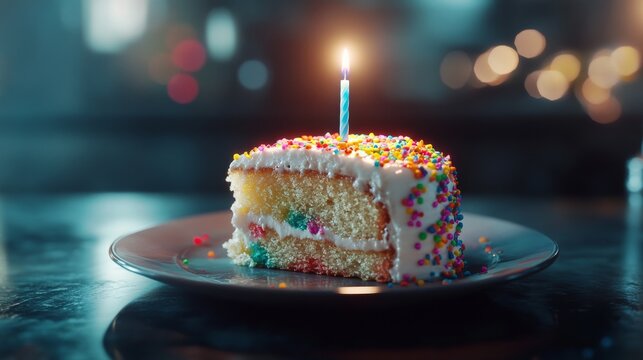 A slice of cake with colorful sprinkles and one candle, placed on an elegant plate.