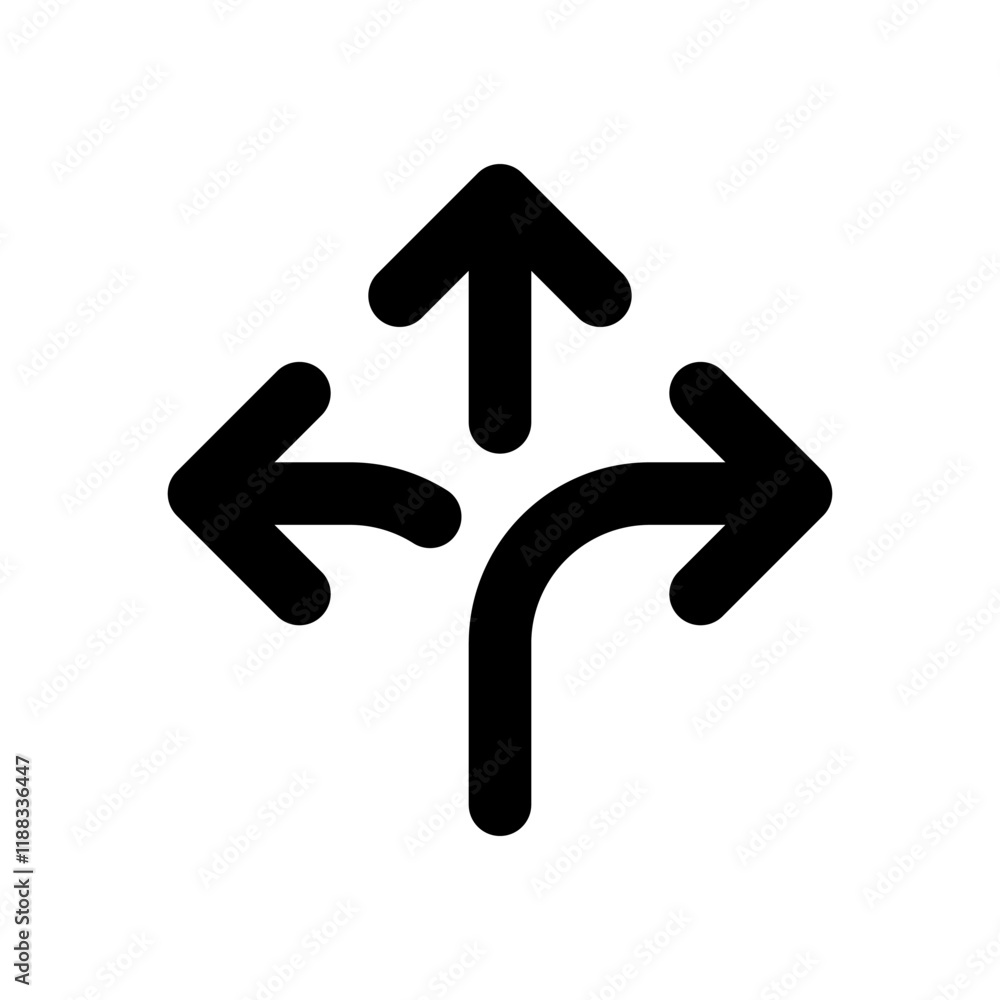 Poster three way direction arrow icon on rounded corner. triple arrows sign symbol