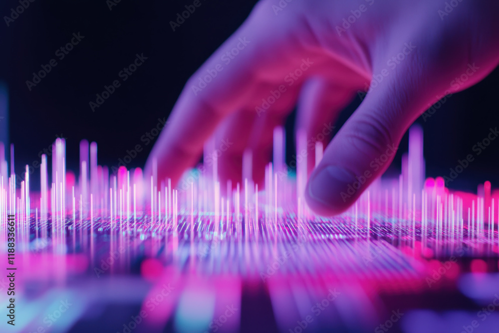 Aufkleber hand interacting with futuristic digital interface displaying vibrant neon data visualizations