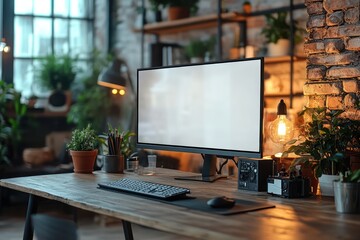 Fototapeta premium Modern Home Office Workspace with Blank Computer Screen