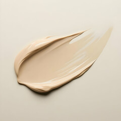 Liquid foundation smear creates an elegant beige textured background, perfect for cosmetic displays.