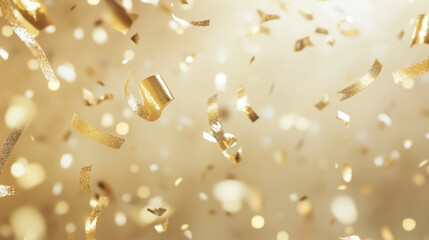 Golden Confetti Celebration Sparkling Background with Floating Streamers