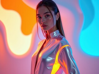 Modern portrait of a young woman in a futuristic outfit against a vibrant backdrop with colorful neon lights