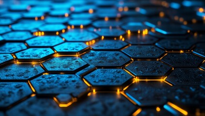 Obraz premium Abstract hexagonal dark blue metallic glowing surface.