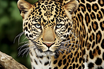 Obraz premium Leopard Gazes Directly at the Camera with an Intense, Captivating Stare in Nature.