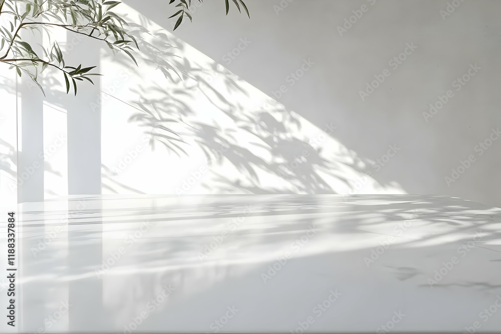 Poster sunlight streams through window, casting shadows of leaves on a white floor creates beautiful patter