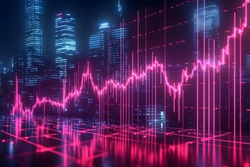 Futuristic Cityscape at Night with Vibrant Pink Stock Market Chart Overlay, Digital Financial Data Visualization, Modern Technology Background, Neon  