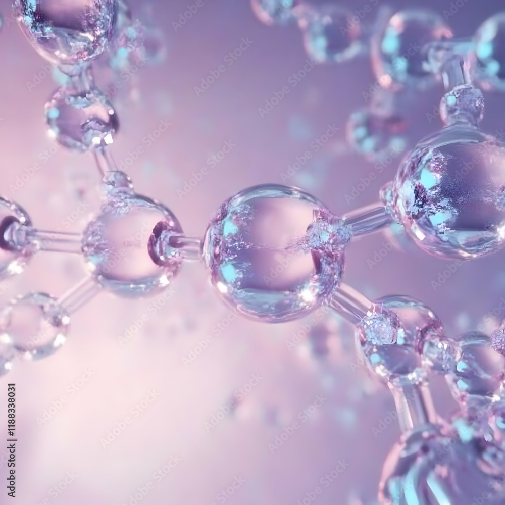 Poster 3d render of abstract molecular structure with iridescent spheres connected by glass rods on a soft 
