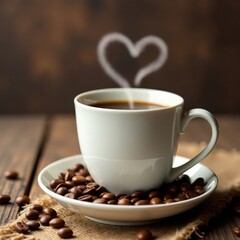 Fototapeta premium Rustic white mug, heart-shaped steam, coffee beans, burlap, wood , white, close-up