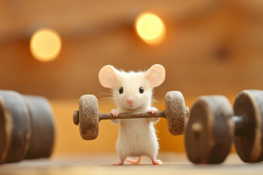 Cute Mouse Lifting Dumbbells in Gym Setting with Playful Background Bokeh