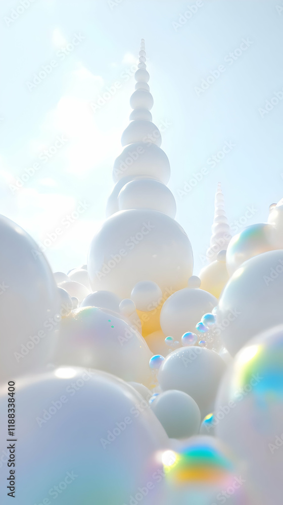 Poster abstract 3d render of white spheres stacked high with iridescent highlights in soft light