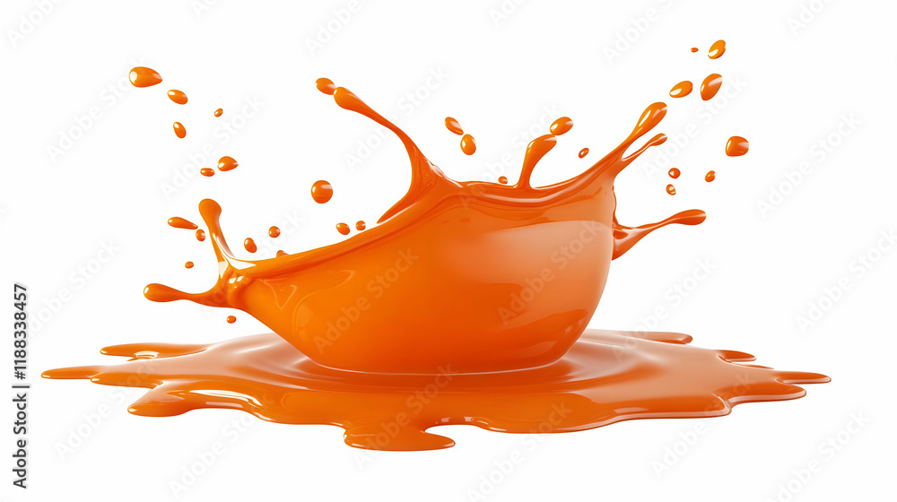 Poster orange liquid splashing dynamically with crown and droplets on white background