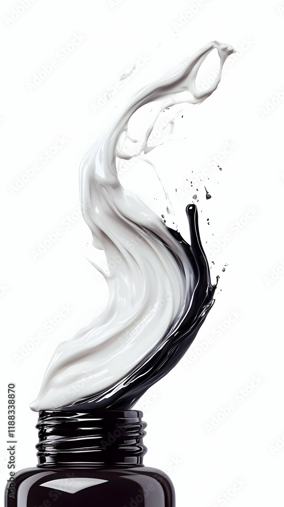 Poster black and white liquid splashing from a bottle dynamically on a white background.