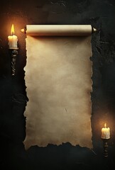 Open scroll with lit candles on dark texture, for announcements or invitations