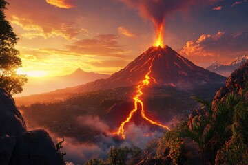 Fototapeta premium An erupting volcano with lava flowing down.