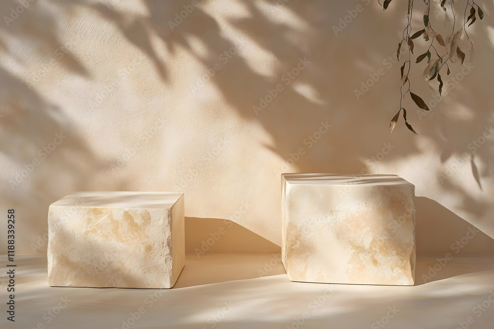Poster two empty stone podiums on beige background with leaf shadows for product placement
