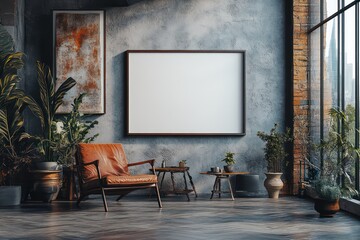 Modern Loft Apartment with Leather Armchair and Large Canvas, Plants and City View