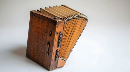 Antique wooden accordion displayed against a white backdrop; music history, musical instrument, vintage, studio shot