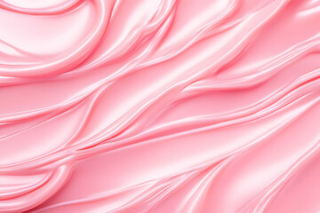 Pink lotion texture forms waves, creating a soft background.