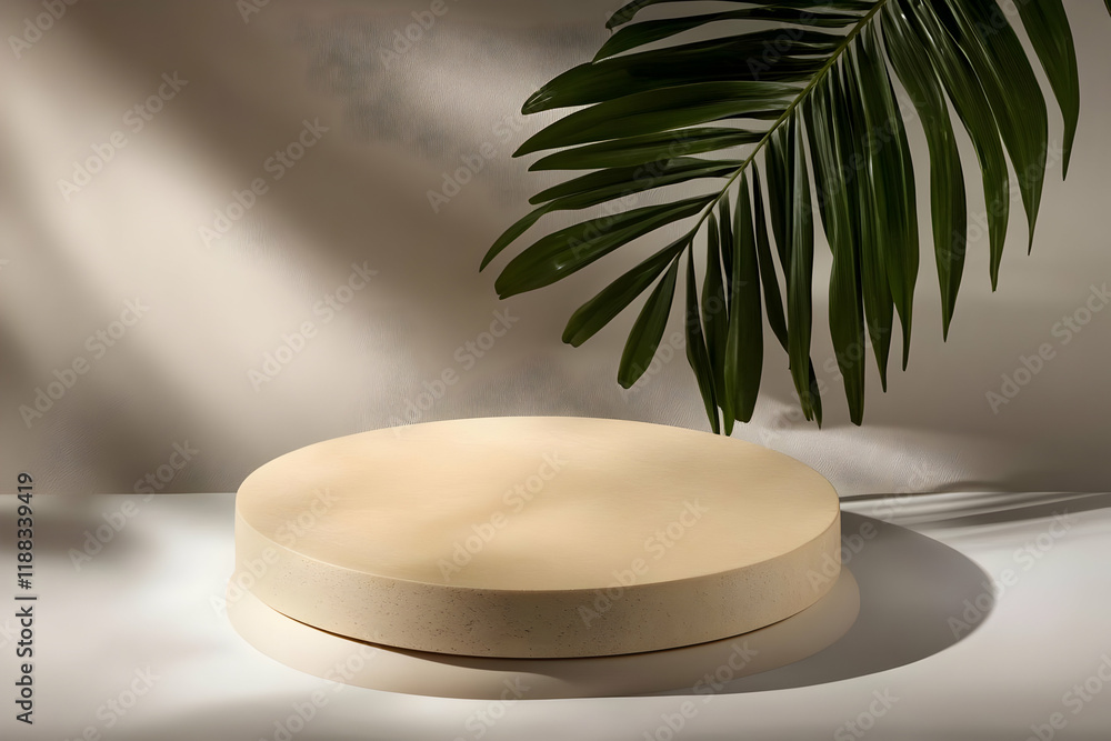 Poster empty round podium on white surface with tropical palm leaf and shadow for product display.