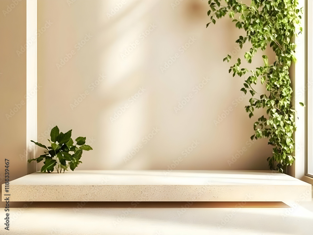Poster empty concrete podium displays with plants and sunlight from window in 3d minimal scene.