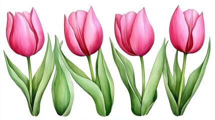 Obraz premium A vibrant illustration of pink tulips with green leaves, showcasing their natural beauty and elegance in a cheerful arrangement.