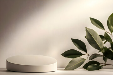 White Cylinder Podium Stands with Green Leaves on Brown Background Gently Illuminated